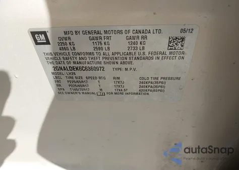 2012 Chevrolet Equinox 1Lt из США, поврежденный, VIN 2GNALDEK6C6360972